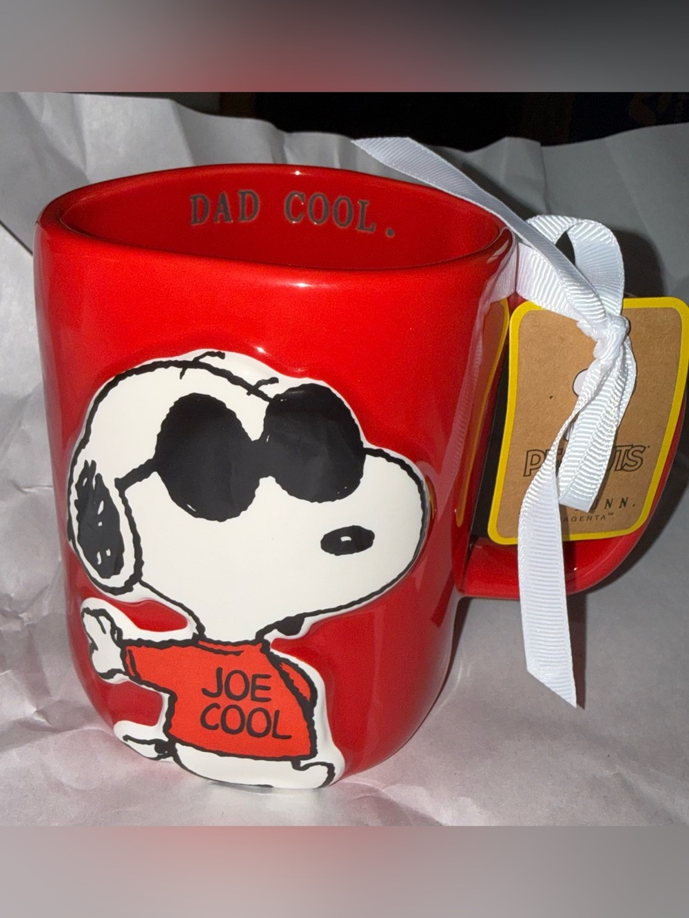 Red 'Joe Cool' Snoopy Ceramic Mug by Rae Dunn. Dad Cool inside mug.